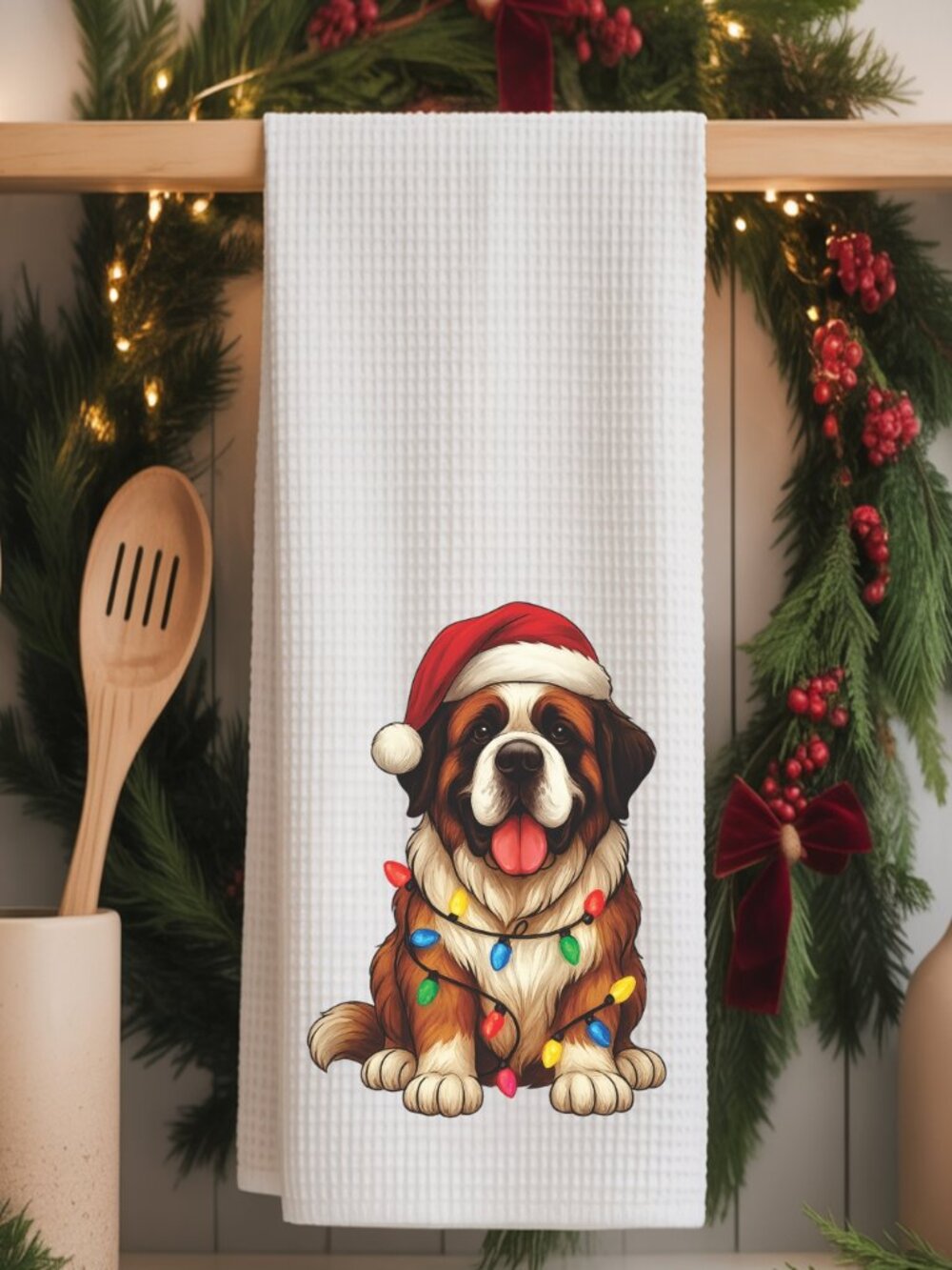 St. Bernard Christmas Lights Decorative Kitchen Tea Towel